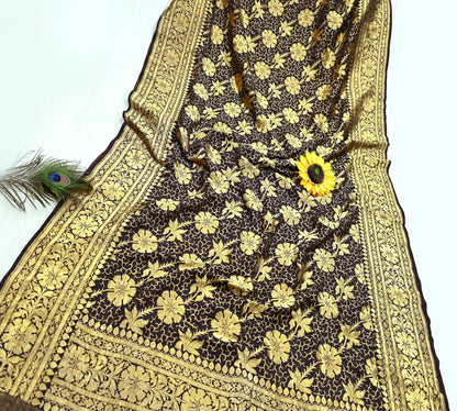 64 years old Indian Antique Vintage Heavy Wedding Sari Brown Pure Silk Hand Woven Banarasi Sarees Zari 5Yd Pre-owned Dress Designing