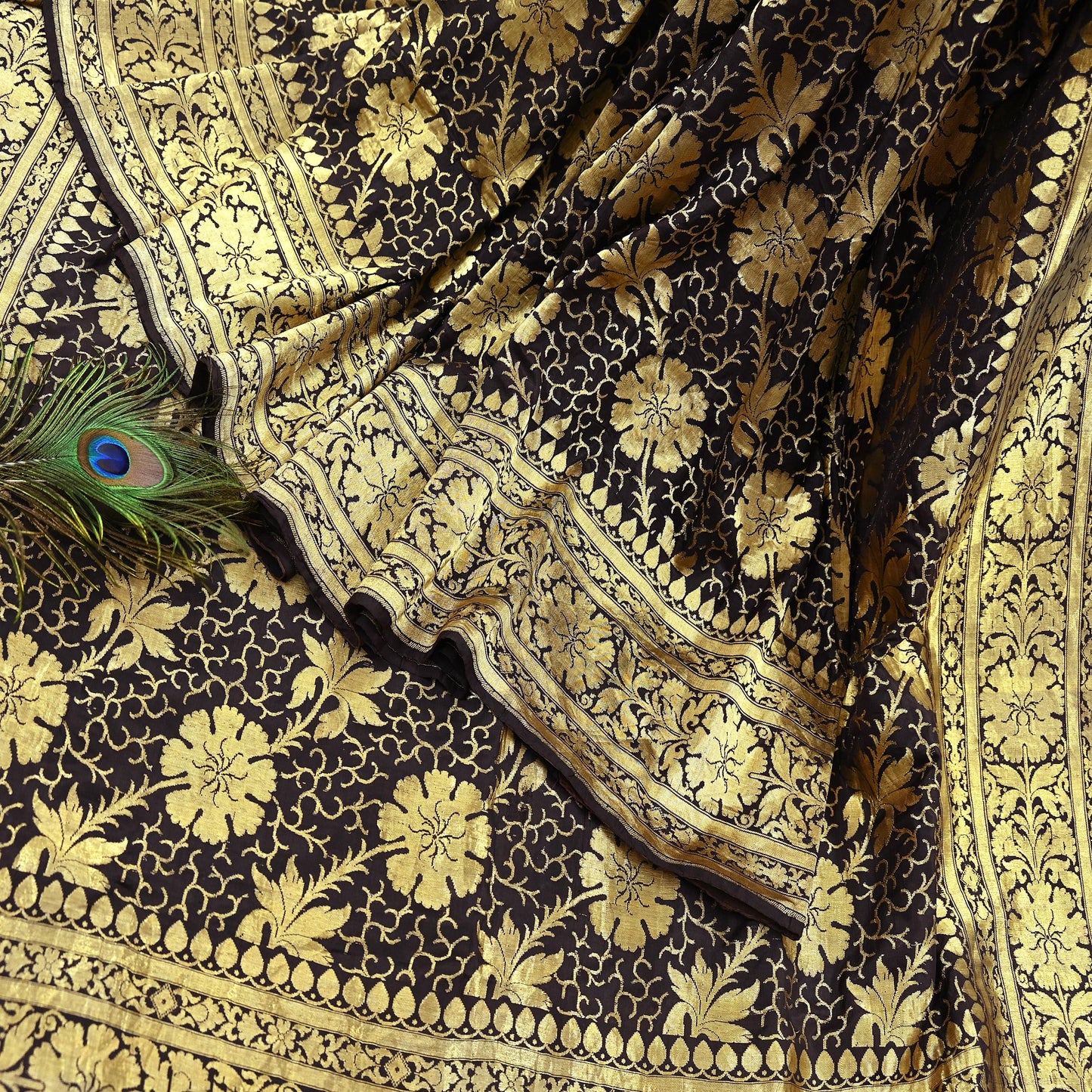 64 years old Indian Antique Vintage Heavy Wedding Sari Brown Pure Silk Hand Woven Banarasi Sarees Zari 5Yd Pre-owned Dress Designing