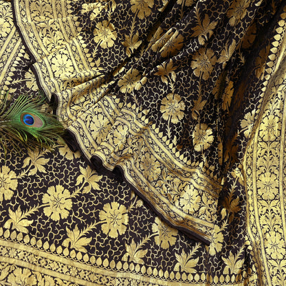 64 years old Indian Antique Vintage Heavy Wedding Sari Brown Pure Silk Hand Woven Banarasi Sarees Zari 5Yd Pre-owned Dress Designing
