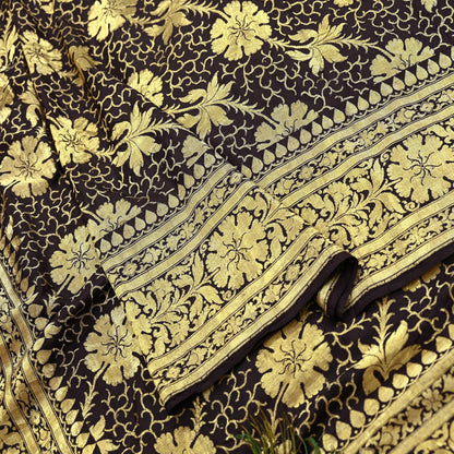 64 years old Indian Antique Vintage Heavy Wedding Sari Brown Pure Silk Hand Woven Banarasi Sarees Zari 5Yd Pre-owned Dress Designing