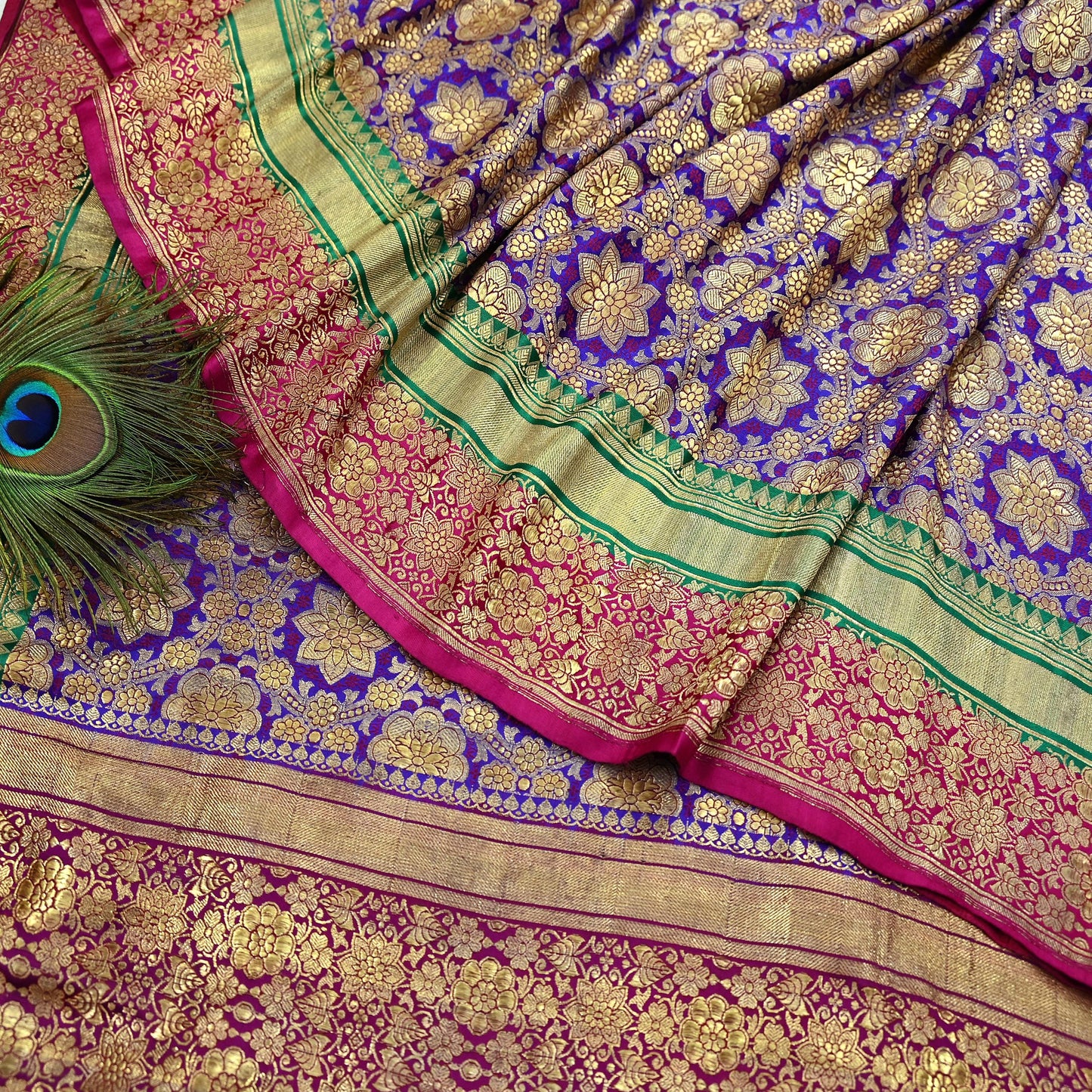 Indian Antique Vintage Heavy Wedding Sari Purple Pure Satin Silk Hand Woven Banarasi Sarees Zari 5Yd Pre-owned Designing