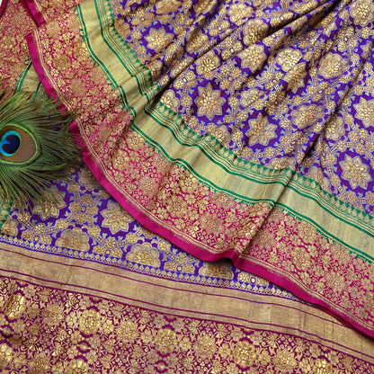 Indian Antique Vintage Heavy Wedding Sari Purple Pure Satin Silk Hand Woven Banarasi Sarees Zari 5Yd Pre-owned Designing