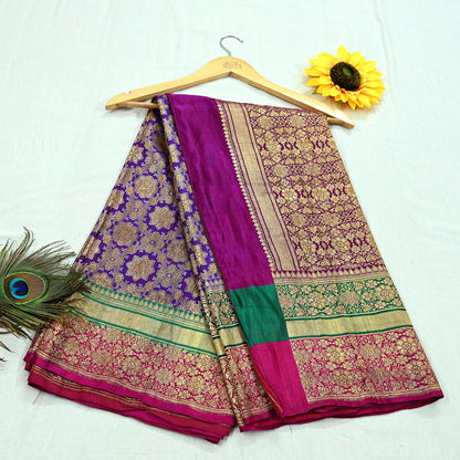 Indian Antique Vintage Heavy Wedding Sari Purple Pure Satin Silk Hand Woven Banarasi Sarees Zari 5Yd Pre-owned Designing