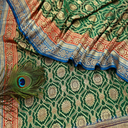 Indian Antique Vintage Heavy Wedding Sari Green Pure Satin Silk Hand Woven Banarasi Sarees Zari 5Yd Pre-owned Designing