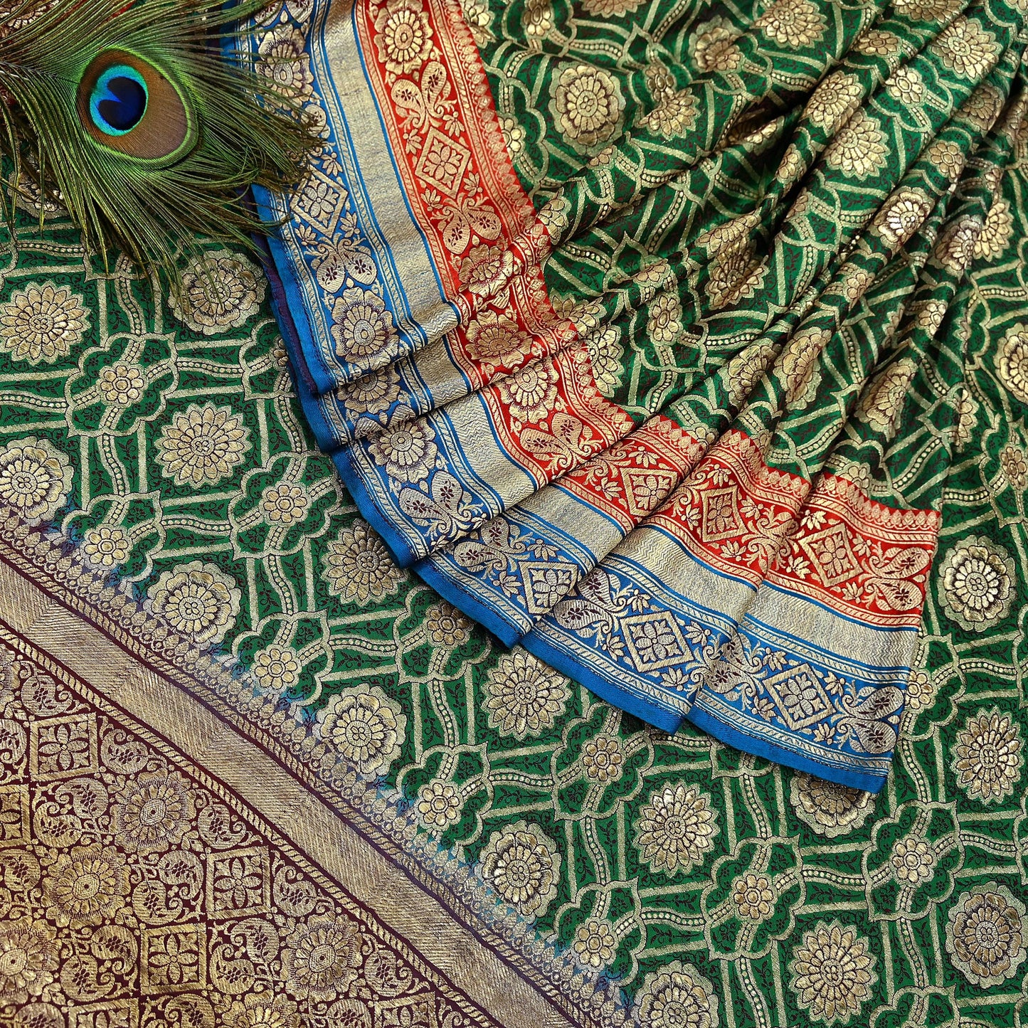 Indian Antique Vintage Heavy Wedding Sari Green Pure Satin Silk Hand Woven Banarasi Sarees Zari 5Yd Pre-owned Designing