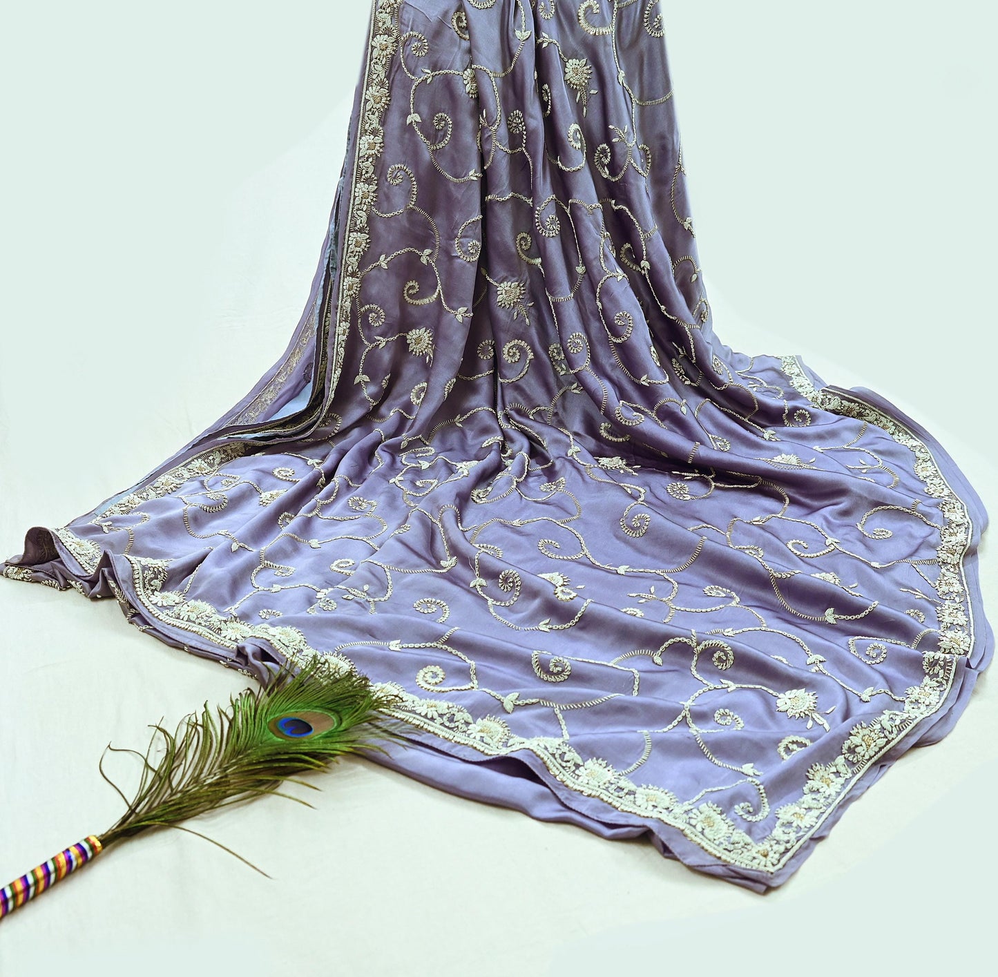 Indian Vintage Heavy Saree Purple 100% Pure Satin Silk Hand Embroidered Sari Fabric 6Yd Sewing Soft Zardozi/Dabka Dress Making Quilting