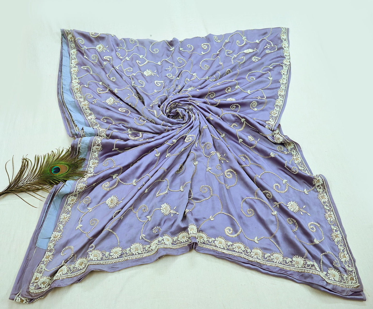 Indian Vintage Heavy Saree Purple 100% Pure Satin Silk Hand Embroidered Sari Fabric 6Yd Sewing Soft Zardozi/Dabka Dress Making Quilting