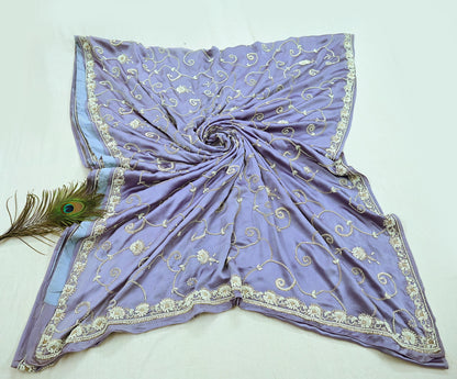 Indian Vintage Heavy Saree Purple 100% Pure Satin Silk Hand Embroidered Sari Fabric 6Yd Sewing Soft Zardozi/Dabka Dress Making Quilting
