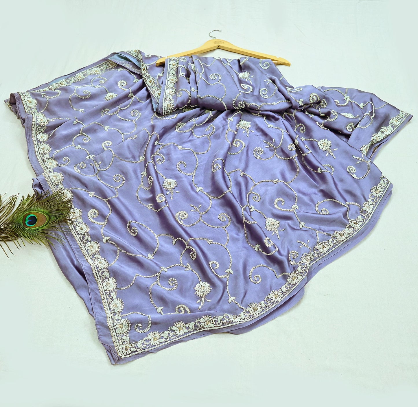 Indian Vintage Heavy Saree Purple 100% Pure Satin Silk Hand Embroidered Sari Fabric 6Yd Sewing Soft Zardozi/Dabka Dress Making Quilting