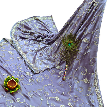 Indian Vintage Heavy Saree Purple 100% Pure Satin Silk Hand Embroidered Sari Fabric 6Yd Sewing Soft Zardozi/Dabka Dress Making Quilting