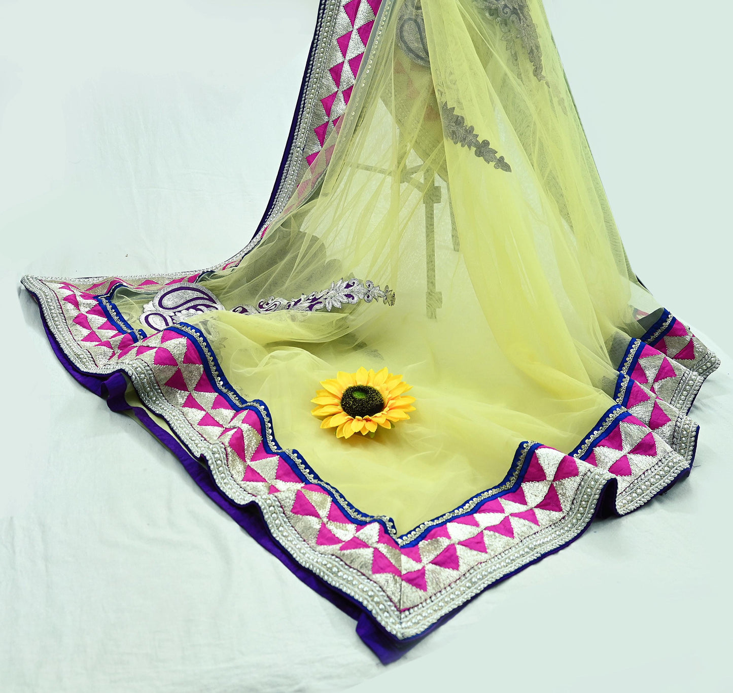 Indian Pre-owned Sari Yellow Net/Mesh Hand Embroidered Anamika Khanna Designer Sarees Ethnic 6Yd Zardozi/Dabka Zari Wedding Sarees