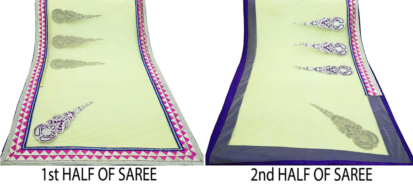 Indian Pre-owned Sari Yellow Net/Mesh Hand Embroidered Anamika Khanna Designer Sarees Ethnic 6Yd Zardozi/Dabka Zari Wedding Sarees