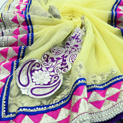 Indian Pre-owned Sari Yellow Net/Mesh Hand Embroidered Anamika Khanna Designer Sarees Ethnic 6Yd Zardozi/Dabka Zari Wedding Sarees