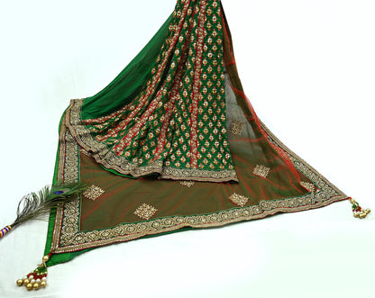 Indian Pre-Owned Sari Red & Green Net/Mesh Hand Embroidered Designer Manish Malhotra Lehenga Sarees Ethnic Zardozi/Dabka Zari Wedding Sarees