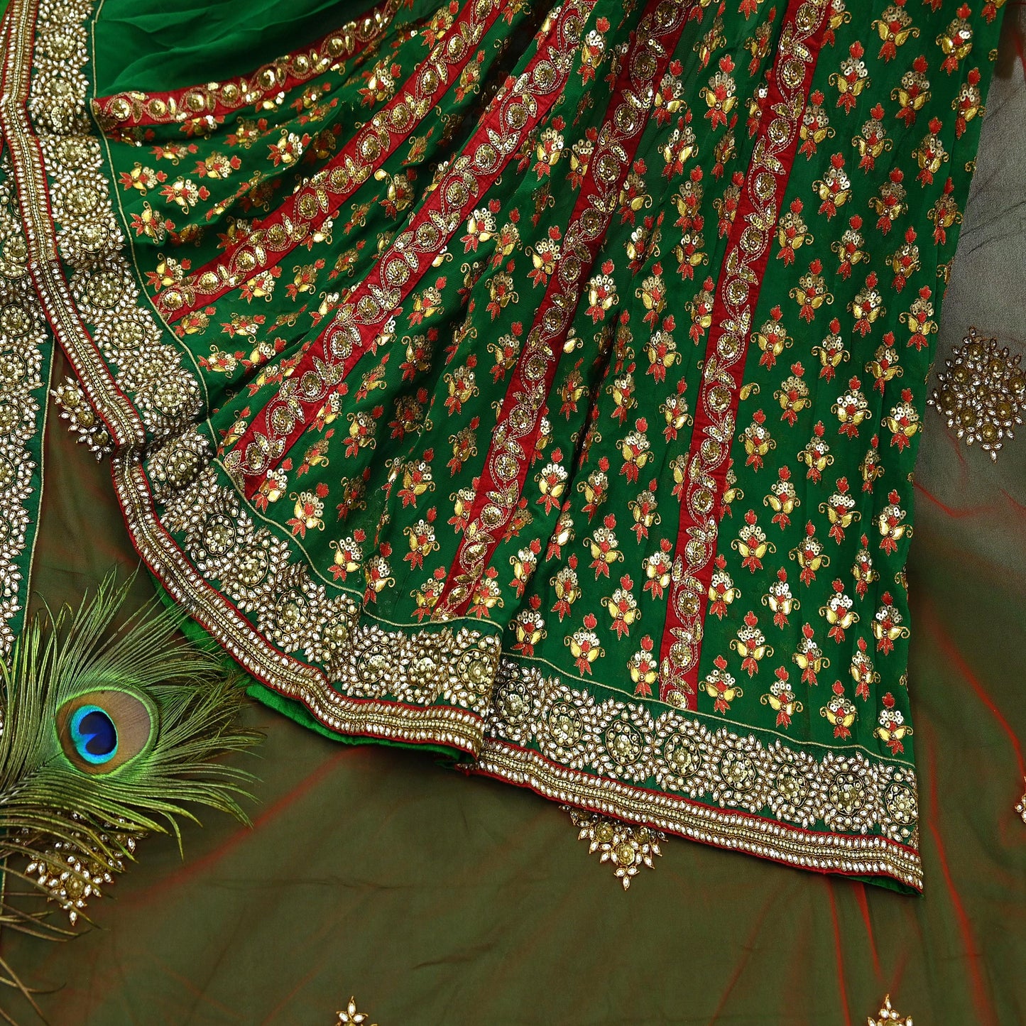 Indian Pre-Owned Sari Red & Green Net/Mesh Hand Embroidered Designer Manish Malhotra Lehenga Sarees Ethnic Zardozi/Dabka Zari Wedding Sarees