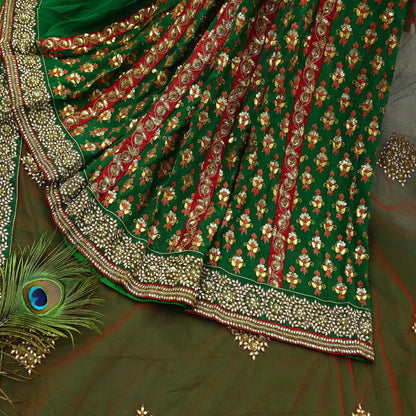 Indian Pre-Owned Sari Red & Green Net/Mesh Hand Embroidered Designer Manish Malhotra Lehenga Sarees Ethnic Zardozi/Dabka Zari Wedding Sarees