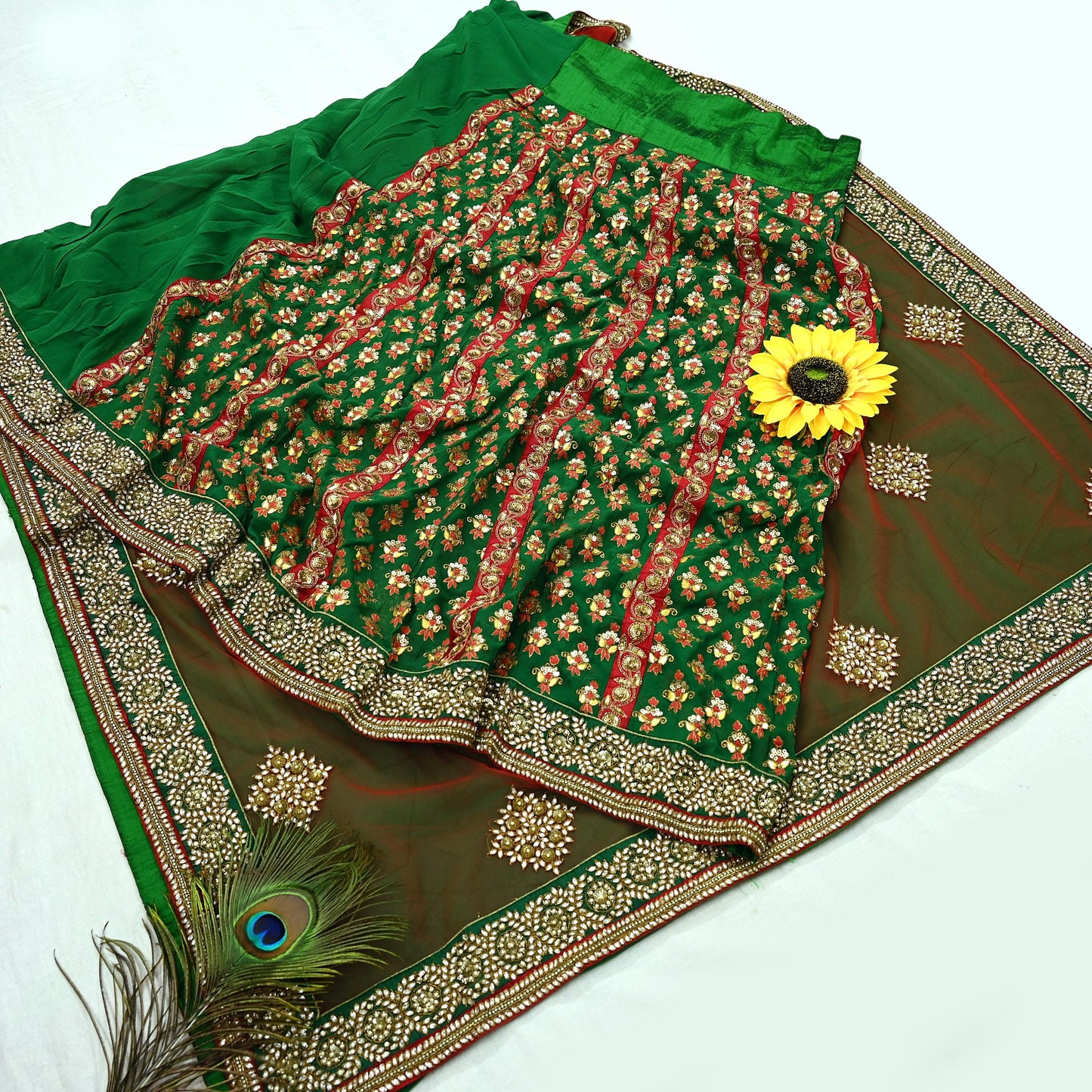 Indian Pre-Owned Sari Red & Green Net/Mesh Hand Embroidered Designer Manish Malhotra Lehenga Sarees Ethnic Zardozi/Dabka Zari Wedding Sarees