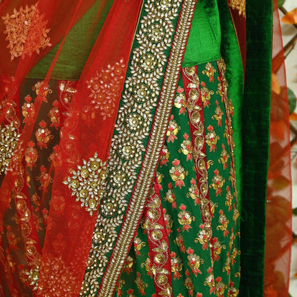 Indian Pre-Owned Sari Red & Green Net/Mesh Hand Embroidered Designer Manish Malhotra Lehenga Sarees Ethnic Zardozi/Dabka Zari Wedding Sarees