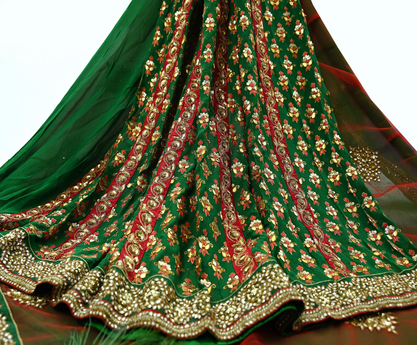 Indian Pre-Owned Sari Red & Green Net/Mesh Hand Embroidered Designer Manish Malhotra Lehenga Sarees Ethnic Zardozi/Dabka Zari Wedding Sarees