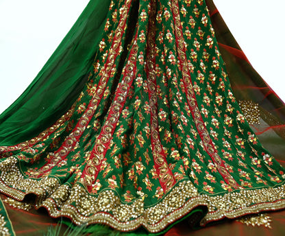 Indian Pre-Owned Sari Red & Green Net/Mesh Hand Embroidered Designer Manish Malhotra Lehenga Sarees Ethnic Zardozi/Dabka Zari Wedding Sarees