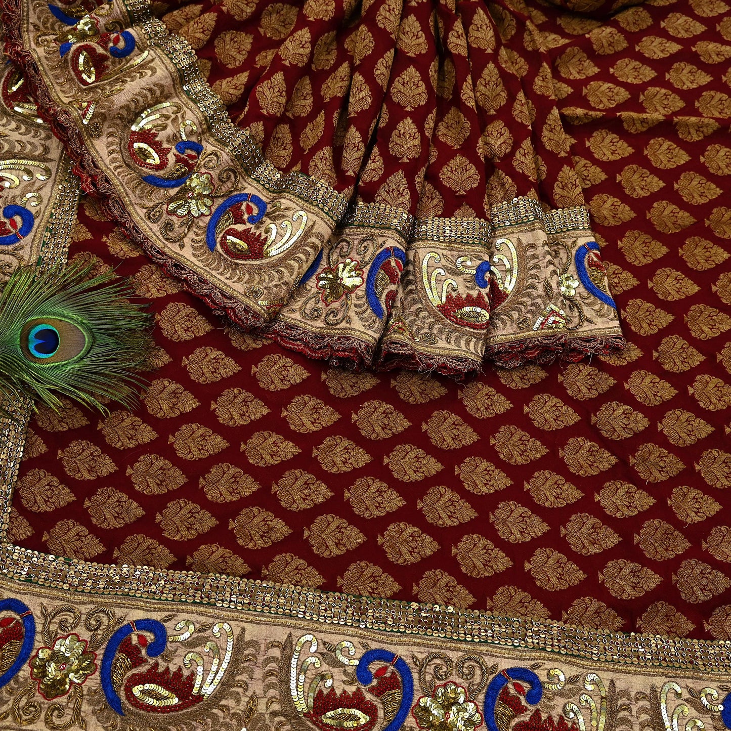 Indian Pre-Owned Sari Maroon Pure Georgette Silk Hand Embroidered Designer Manish Malhotra Sarees Ethnic Zardozi/Dabka Zari Wedding Saree