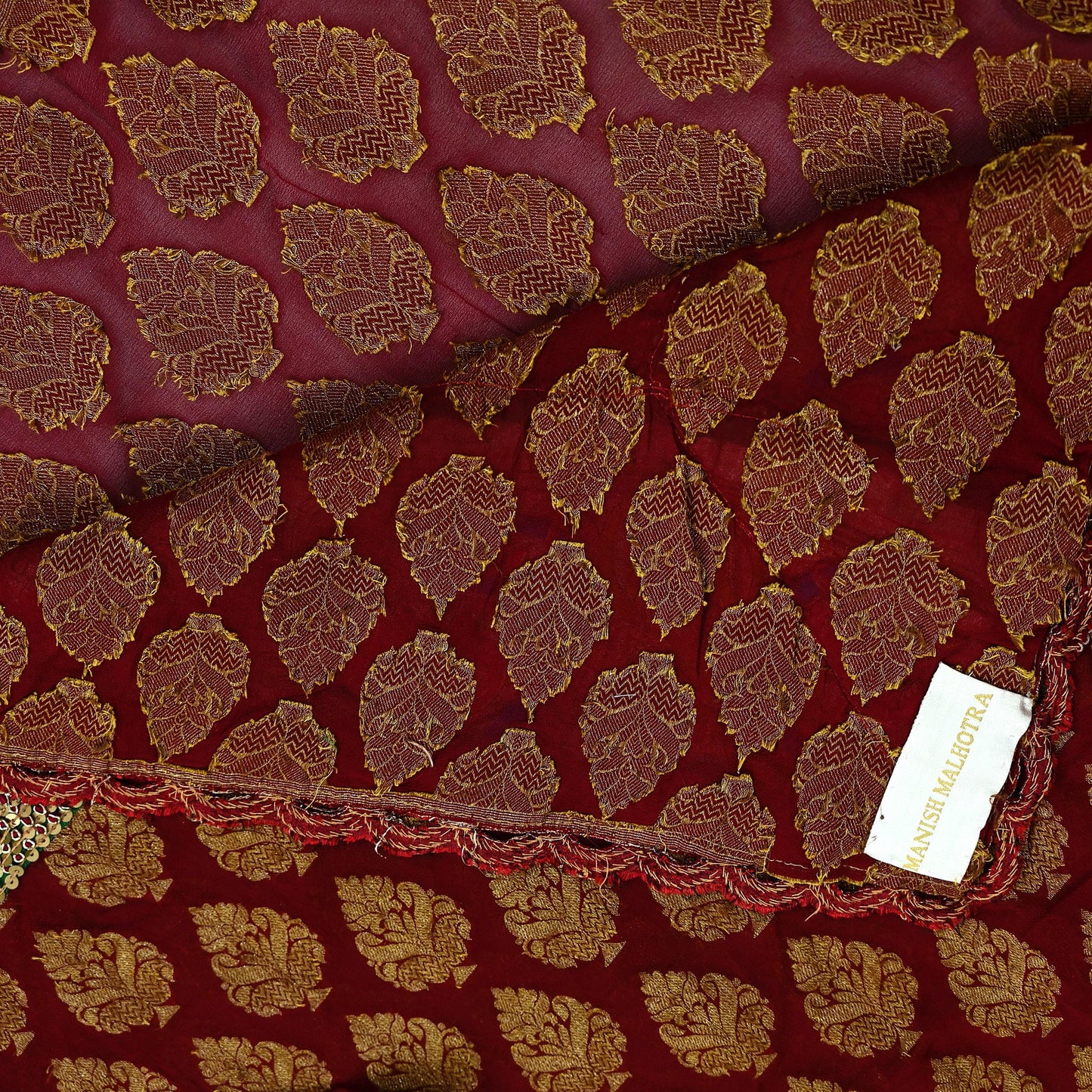 Indian Pre-Owned Sari Maroon Pure Georgette Silk Hand Embroidered Designer Manish Malhotra Sarees Ethnic Zardozi/Dabka Zari Wedding Saree