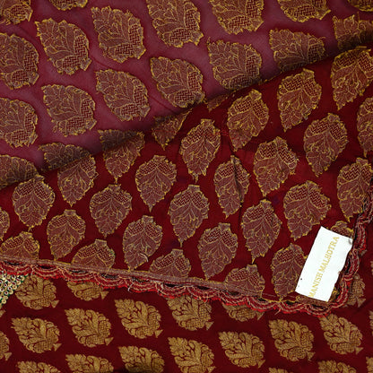 Indian Pre-Owned Sari Maroon Pure Georgette Silk Hand Embroidered Designer Manish Malhotra Sarees Ethnic Zardozi/Dabka Zari Wedding Saree