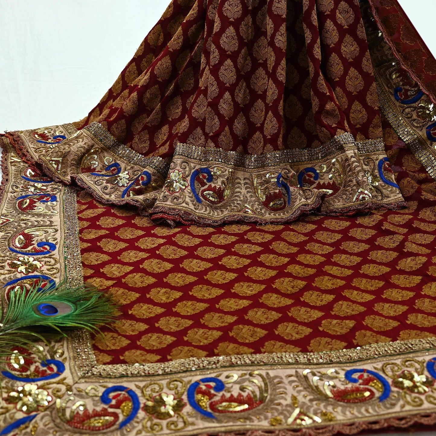 Indian Pre-Owned Sari Maroon Pure Georgette Silk Hand Embroidered Designer Manish Malhotra Sarees Ethnic Zardozi/Dabka Zari Wedding Saree