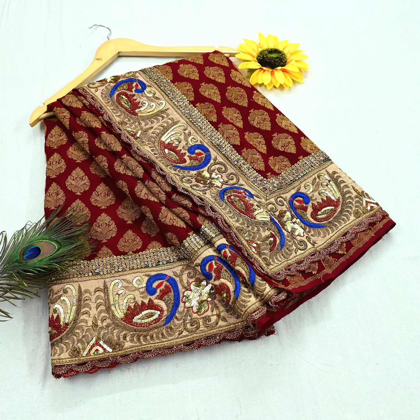 Indian Pre-Owned Sari Maroon Pure Georgette Silk Hand Embroidered Designer Manish Malhotra Sarees Ethnic Zardozi/Dabka Zari Wedding Saree