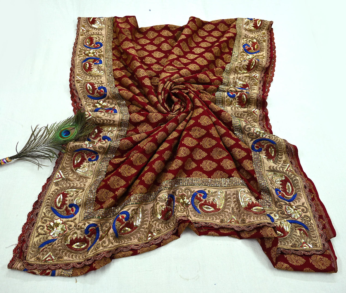 Indian Pre-Owned Sari Maroon Pure Georgette Silk Hand Embroidered Designer Manish Malhotra Sarees Ethnic Zardozi/Dabka Zari Wedding Saree