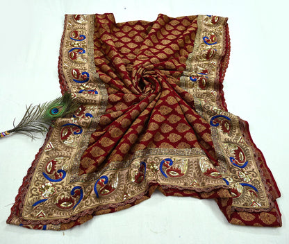 Indian Pre-Owned Sari Maroon Pure Georgette Silk Hand Embroidered Designer Manish Malhotra Sarees Ethnic Zardozi/Dabka Zari Wedding Saree