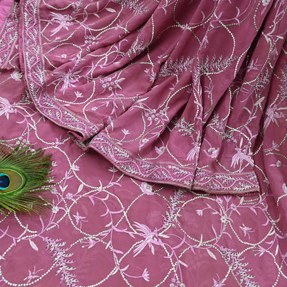 Indian Pre-owned Heavy Sari Pink Pure Georgette Silk Hand Embroidered Sarees Designer Abu Jani 6Yd Sewing Ethnic Bollywood Designer Sarees