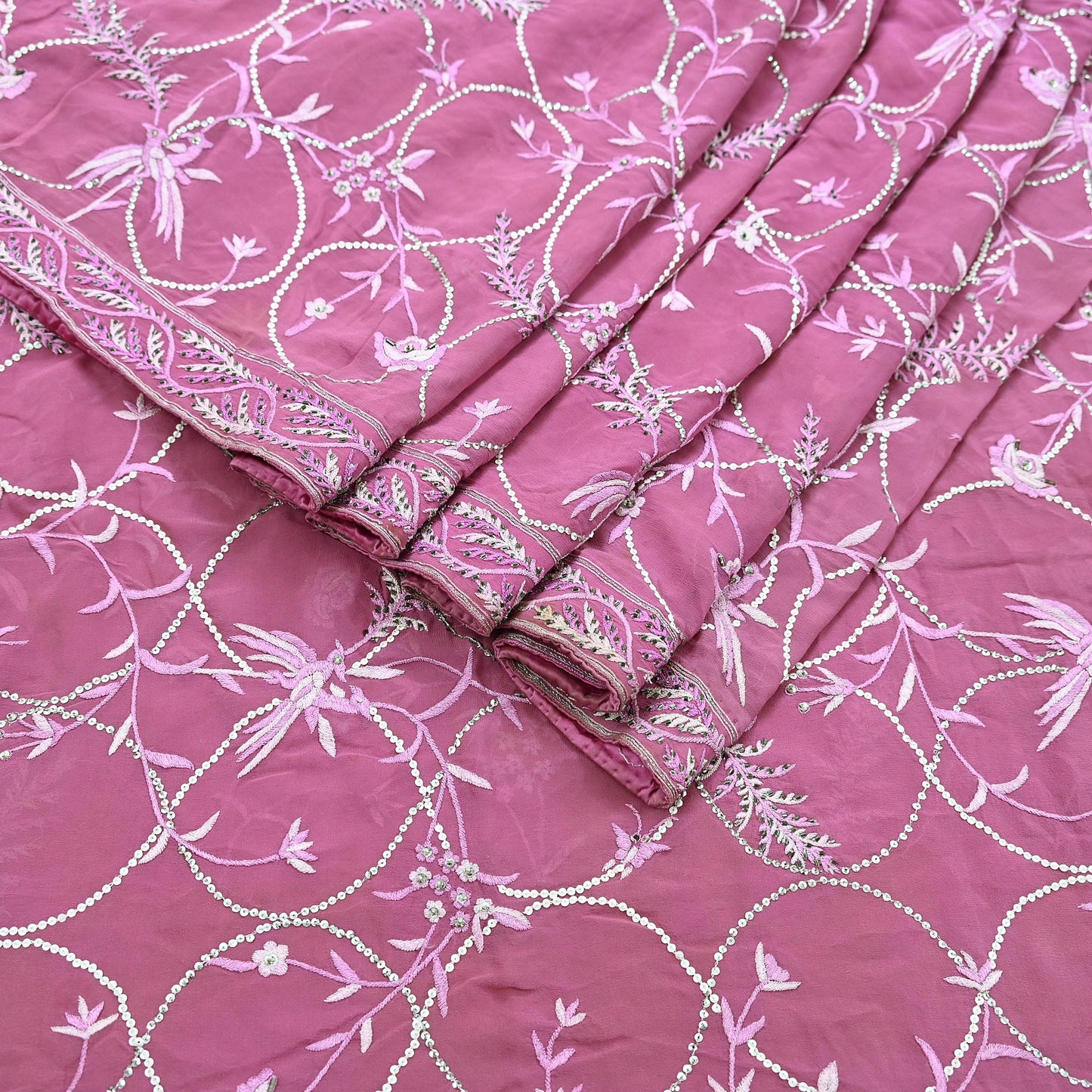 Indian Pre-owned Heavy Sari Pink Pure Georgette Silk Hand Embroidered Sarees Designer Abu Jani 6Yd Sewing Ethnic Bollywood Designer Sarees