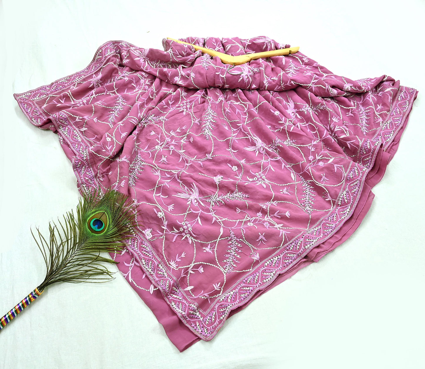 Indian Pre-owned Heavy Sari Pink Pure Georgette Silk Hand Embroidered Sarees Designer Abu Jani 6Yd Sewing Ethnic Bollywood Designer Sarees