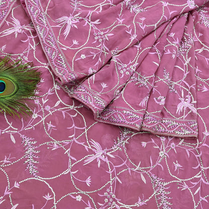 Indian Pre-owned Heavy Sari Pink Pure Georgette Silk Hand Embroidered Sarees Designer Abu Jani 6Yd Sewing Ethnic Bollywood Designer Sarees