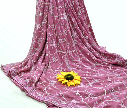 Indian Pre-owned Heavy Sari Pink Pure Georgette Silk Hand Embroidered Sarees Designer Abu Jani 6Yd Sewing Ethnic Bollywood Designer Sarees