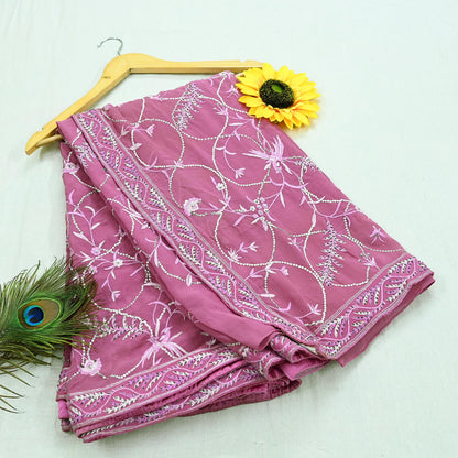 Indian Pre-owned Heavy Sari Pink Pure Georgette Silk Hand Embroidered Sarees Designer Abu Jani 6Yd Sewing Ethnic Bollywood Designer Sarees