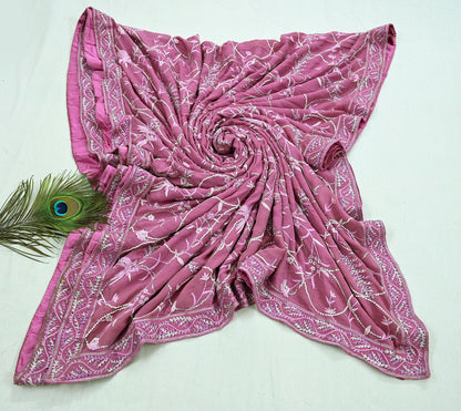 Indian Pre-owned Heavy Sari Pink Pure Georgette Silk Hand Embroidered Sarees Designer Abu Jani 6Yd Sewing Ethnic Bollywood Designer Sarees