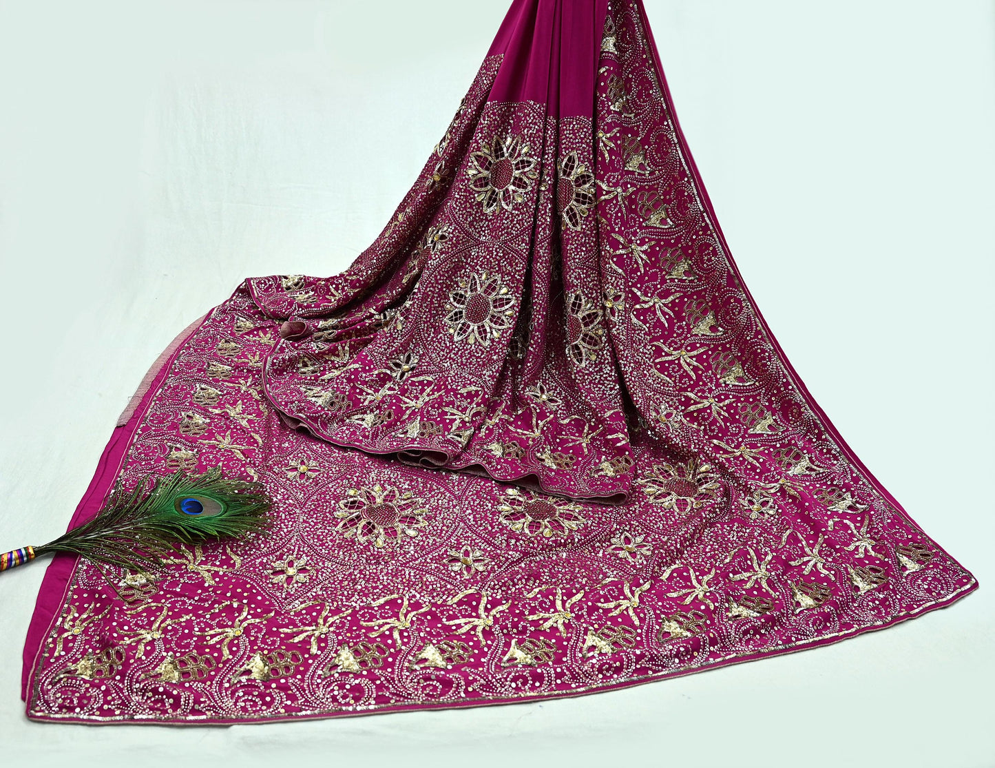 Indian Vintage Pink Saree Pure Crepe Silk Hand Embroidered Sari Fabric 5Yd Sewing Soft Zardozi/Dabka Dress making Dress Designing Crafting