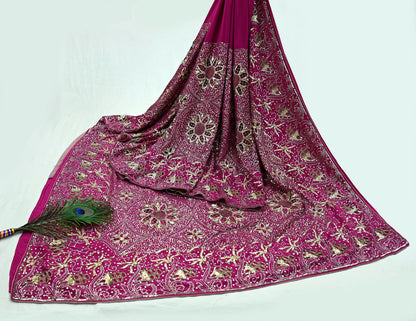 Indian Vintage Pink Saree Pure Crepe Silk Hand Embroidered Sari Fabric 5Yd Sewing Soft Zardozi/Dabka Dress making Dress Designing Crafting