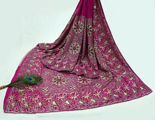 Indian Vintage Pink Saree Pure Crepe Silk Hand Embroidered Sari Fabric 5Yd Sewing Soft Zardozi/Dabka Dress making Dress Designing Crafting
