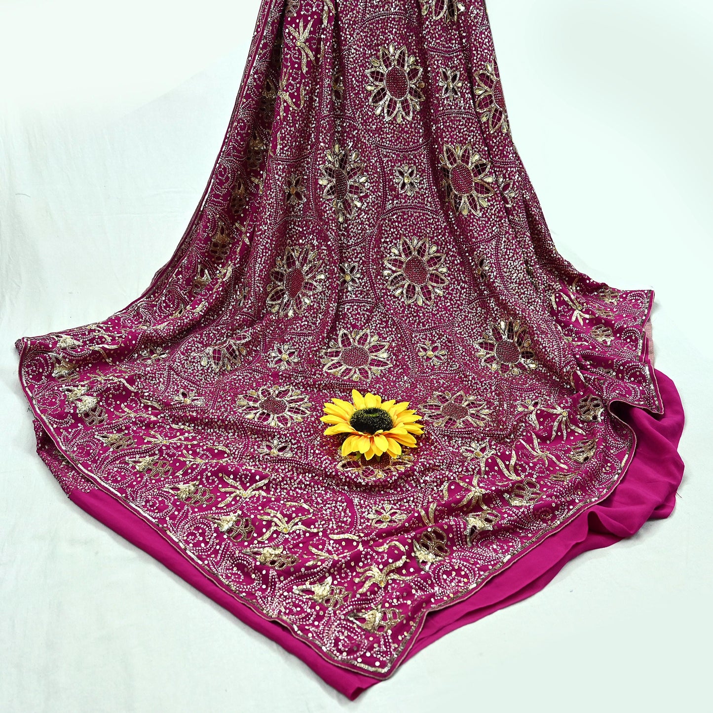 Indian Vintage Pink Saree Pure Crepe Silk Hand Embroidered Sari Fabric 5Yd Sewing Soft Zardozi/Dabka Dress making Dress Designing Crafting