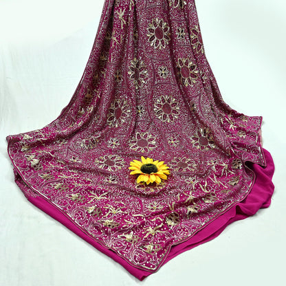 Indian Vintage Pink Saree Pure Crepe Silk Hand Embroidered Sari Fabric 5Yd Sewing Soft Zardozi/Dabka Dress making Dress Designing Crafting