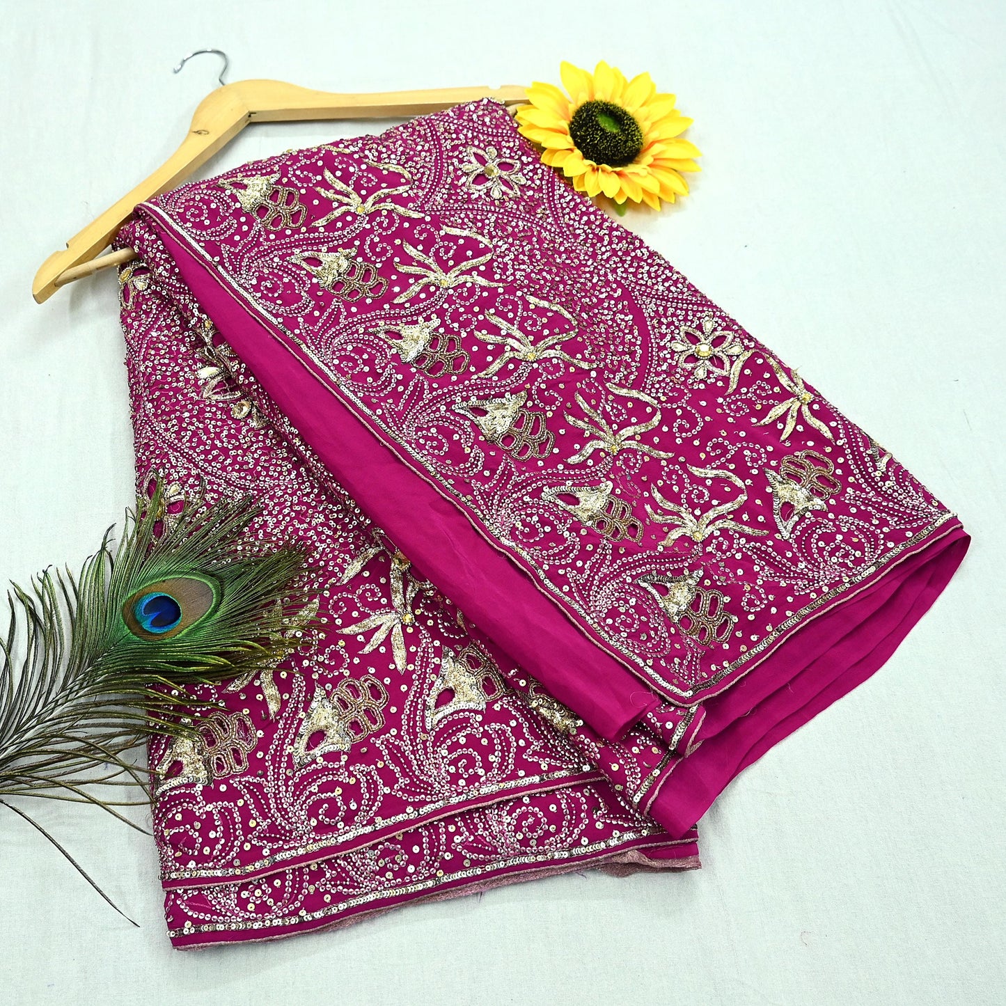 Indian Vintage Pink Saree Pure Crepe Silk Hand Embroidered Sari Fabric 5Yd Sewing Soft Zardozi/Dabka Dress making Dress Designing Crafting