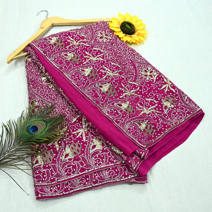 Indian Vintage Pink Saree Pure Crepe Silk Hand Embroidered Sari Fabric 5Yd Sewing Soft Zardozi/Dabka Dress making Dress Designing Crafting