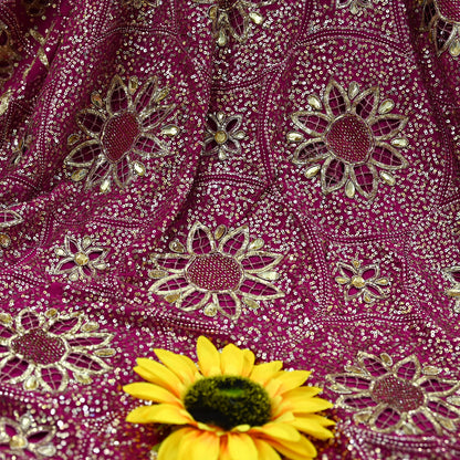 Indian Vintage Pink Saree Pure Crepe Silk Hand Embroidered Sari Fabric 5Yd Sewing Soft Zardozi/Dabka Dress making Dress Designing Crafting