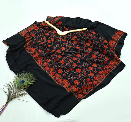Indian Antique Vintage Heavy Sari Black Pure Crepe Silk Kashmiri Ari Hand Embroidered Sarees 5Yd Sewing Ethnic Dress making Crafting