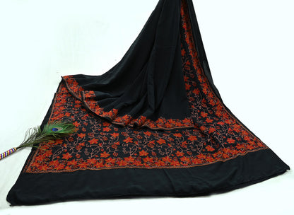 Indian Antique Vintage Heavy Sari Black Pure Crepe Silk Kashmiri Ari Hand Embroidered Sarees 5Yd Sewing Ethnic Dress making Crafting