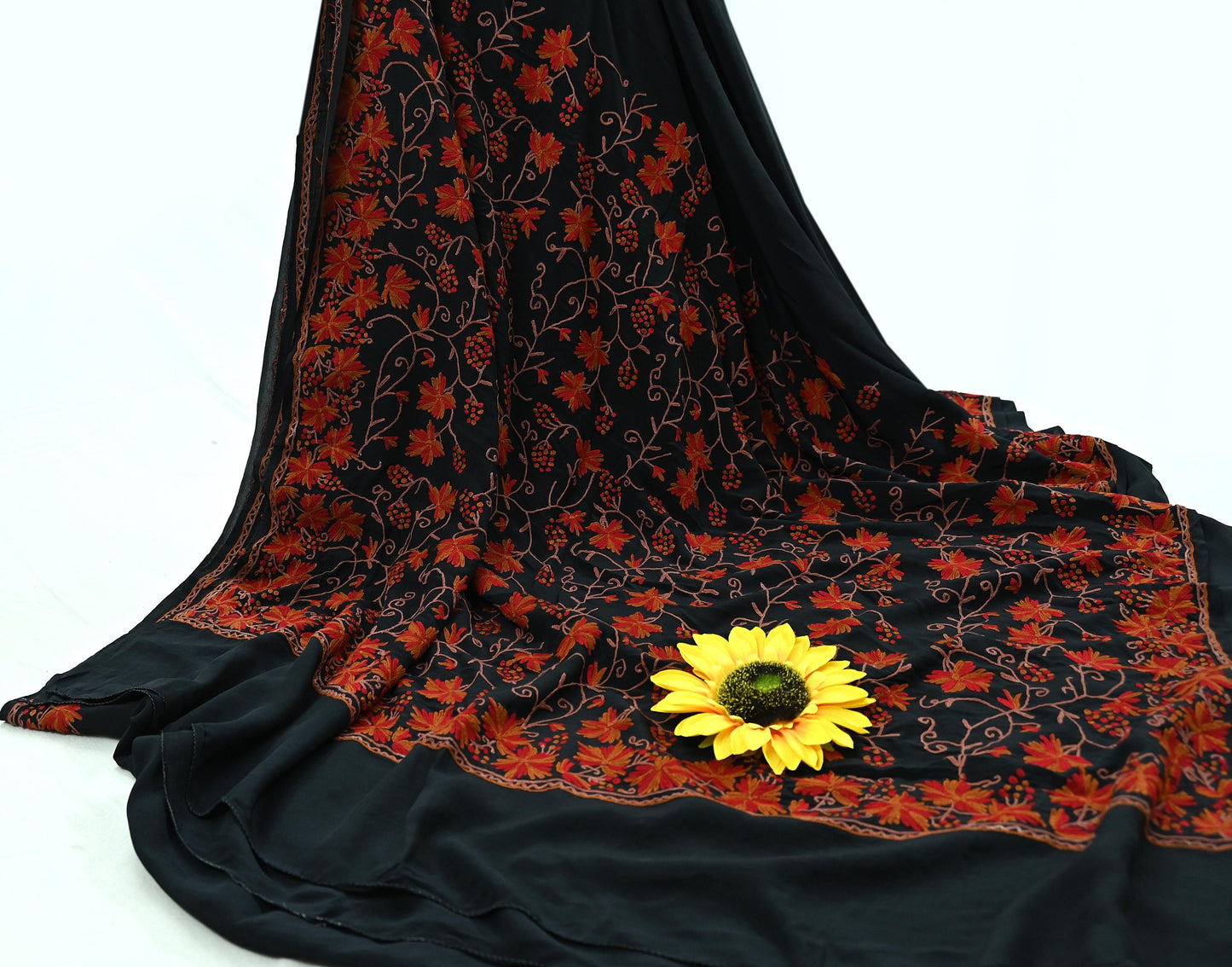 Indian Antique Vintage Heavy Sari Black Pure Crepe Silk Kashmiri Ari Hand Embroidered Sarees 5Yd Sewing Ethnic Dress making Crafting