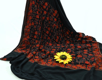 Indian Antique Vintage Heavy Sari Black Pure Crepe Silk Kashmiri Ari Hand Embroidered Sarees 5Yd Sewing Ethnic Dress making Crafting